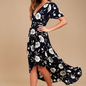 Navy blue floral print wrap dress.
